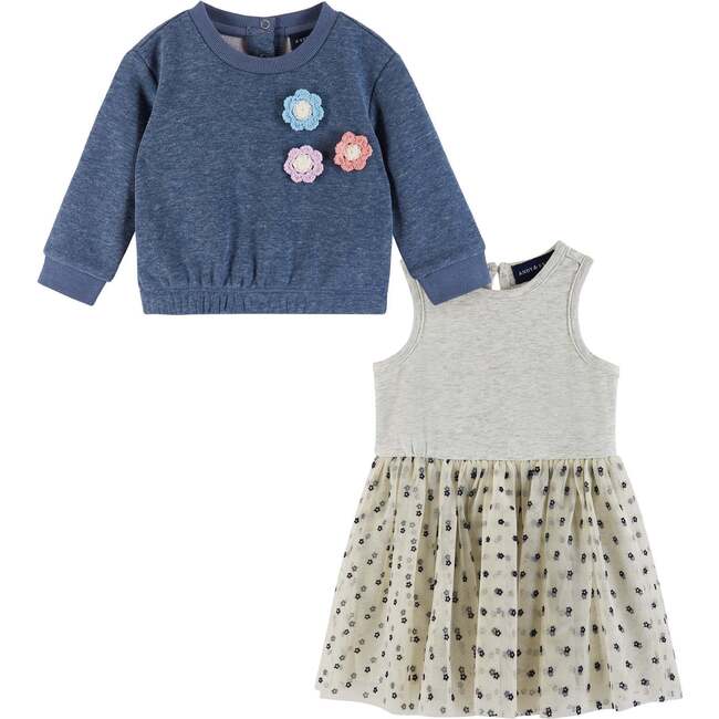 Kids Terry Crewneck & Dress Set, Navy Heather Flowers