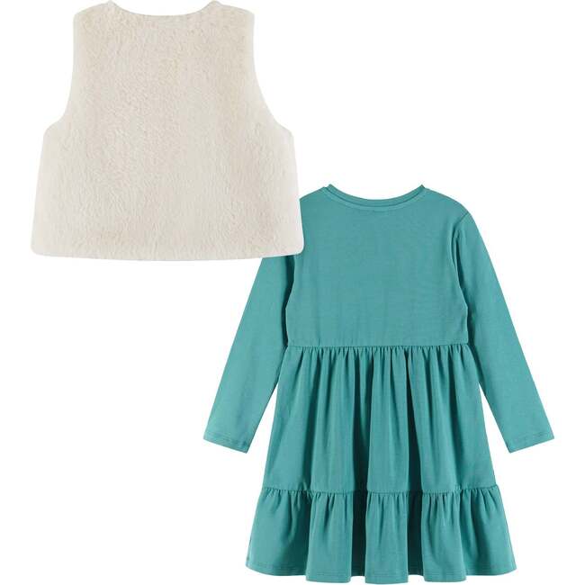 Kids Teal Jersey Dress & Faux Fur Vest Set, Rainbow Graphic - Mixed Apparel Set - 4