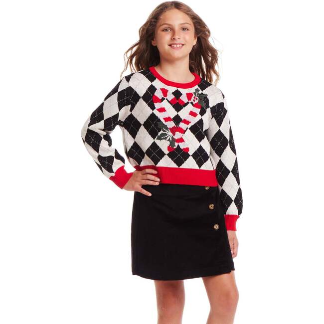 Kids White Argyle Sweater, Candy Canes - Sweaters - 3