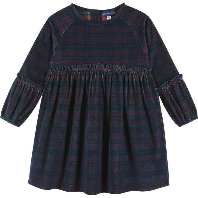 Kids Stretch Cord Ruffle Dress, Red Plaid