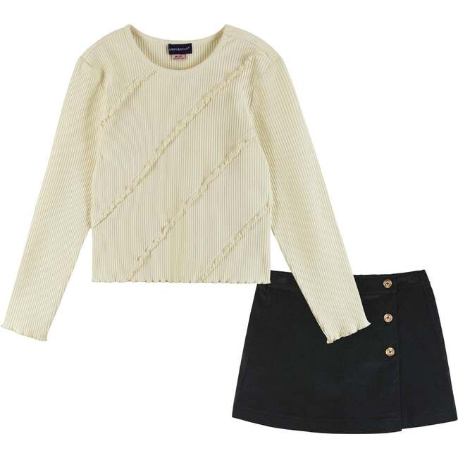 Kids Rib Knit Long Sleeve Top & Corduroy Skirt Set, Cream & Sleek Black