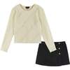 Kids Rib Knit Long Sleeve Top & Corduroy Skirt Set, Cream & Sleek Black - Mixed Apparel Set - 1 - thumbnail