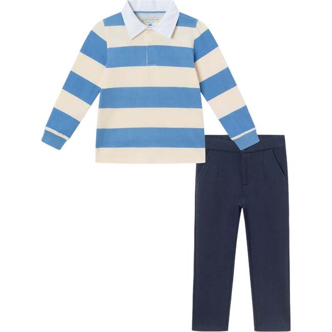 Kids Rugby Shirt & Pique Pant Set, Blue Cream Striped