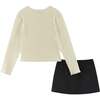 Kids Rib Knit Long Sleeve Top & Corduroy Skirt Set, Cream & Sleek Black - Mixed Apparel Set - 4