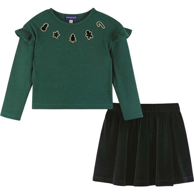 Kids Dark Green Rib Knit Tee & Skirt Set, Gold Holiday Details