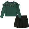 Kids Dark Green Rib Knit Tee & Skirt Set, Gold Holiday Details - Mixed Apparel Set - 1 - thumbnail