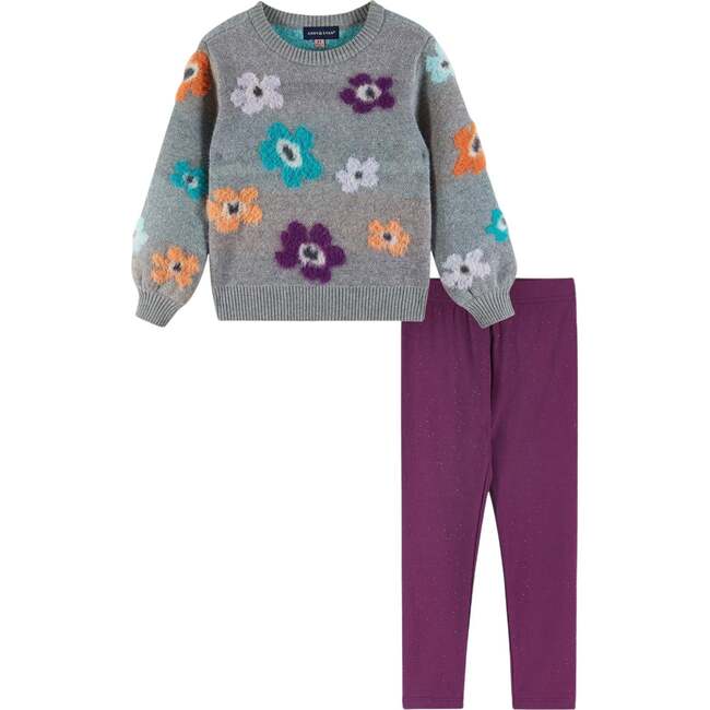 Kids Dove Grey Sweater & Glitter Legging Set, Eyelash Flowers