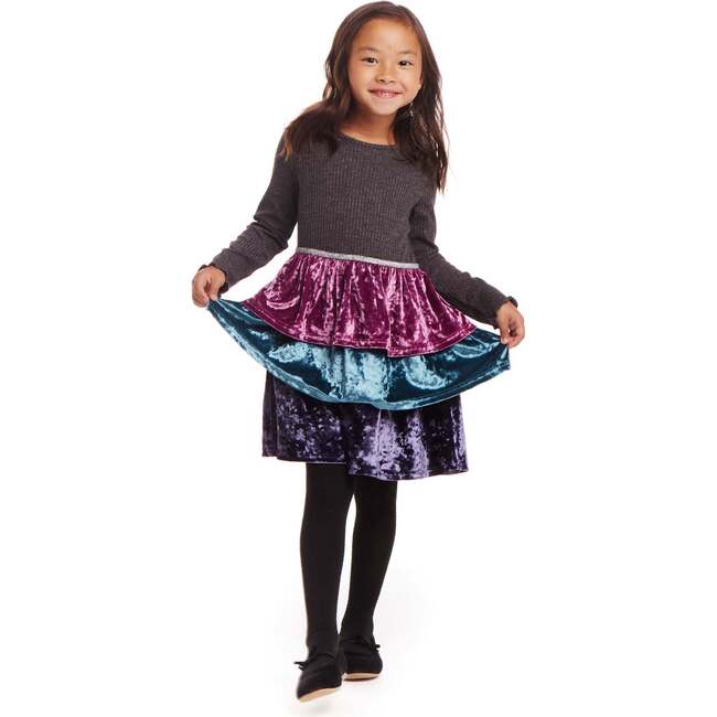 Kids Crushed Velvet Tiered Dress, Multicolor - Dresses - 3