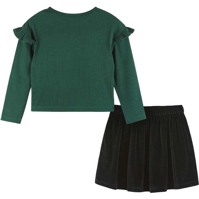 Kids Dark Green Rib Knit Tee & Skirt Set, Gold Holiday Details - Mixed Apparel Set - 4