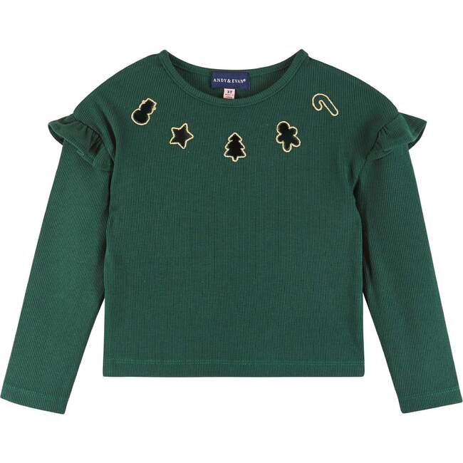 Kids Dark Green Rib Knit Tee & Skirt Set, Gold Holiday Details - Mixed Apparel Set - 5