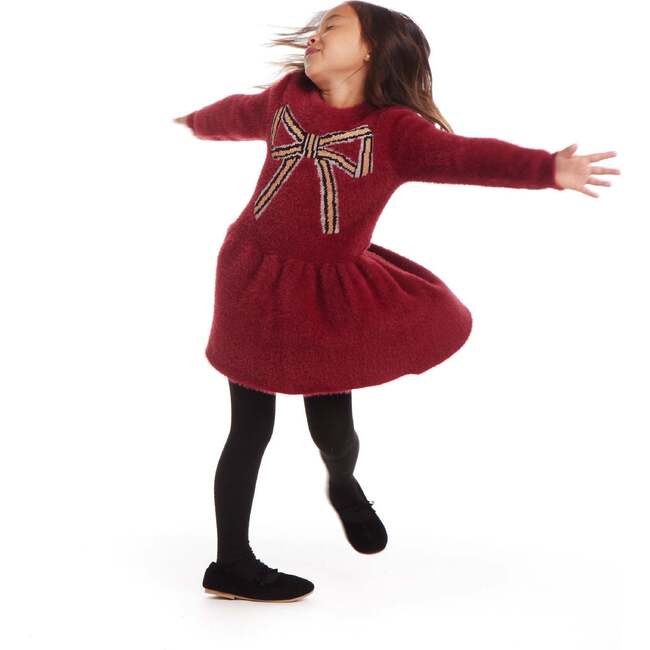 Kids Eyelash Sweater Dress, Red Bow - Dresses - 7