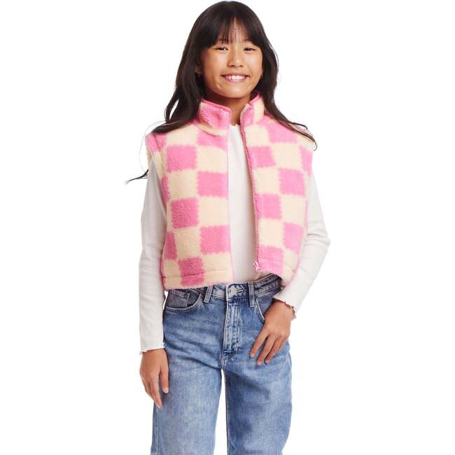 Kids Cropped Fleece Vest (Size 7-16), Pink & Cream Checkered - Vests - 3