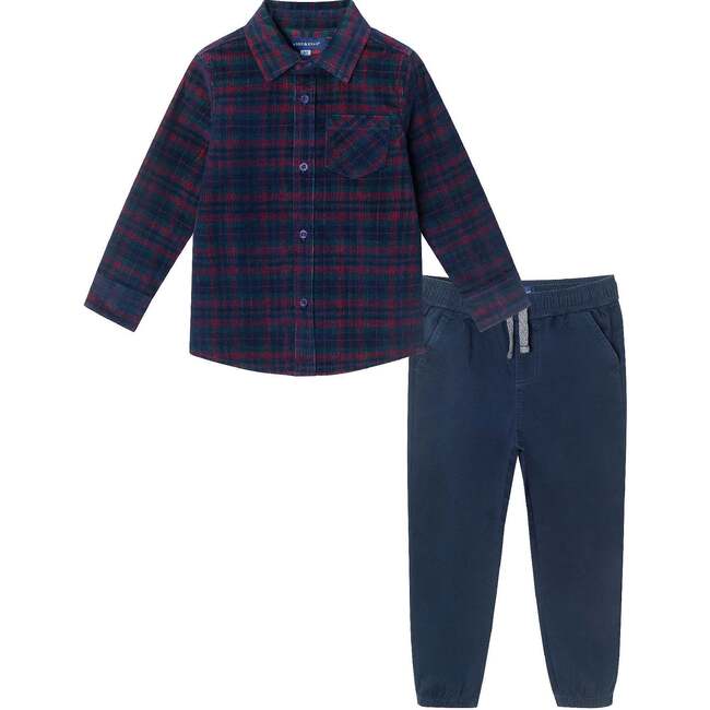 Kids Cord Buttondown & Navy Joggers Set, Red Plaid