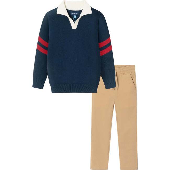 Kids Collared Sweater & Hybrid Pant, Navy & Cognac