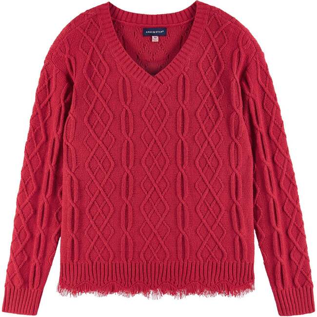 Kids Cable Knit V-Neck Sweater, Red