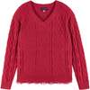 Kids Cable Knit V-Neck Sweater, Red - Sweaters - 1 - thumbnail