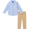 Kids Chambray Buttondown & Cognac Pant Set, Racecars - Mixed Apparel Set - 1 - thumbnail