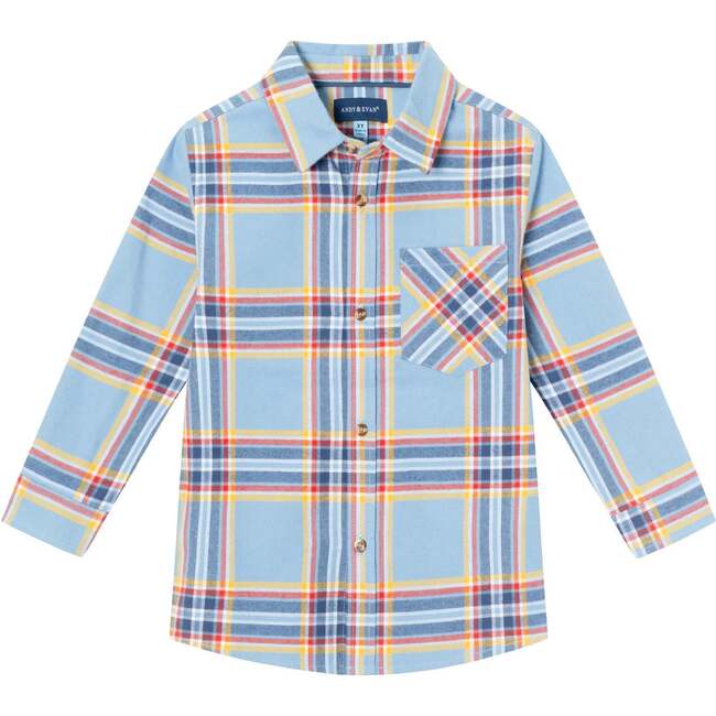 Kids Brushed Twill Buttondown, Blue Plaid