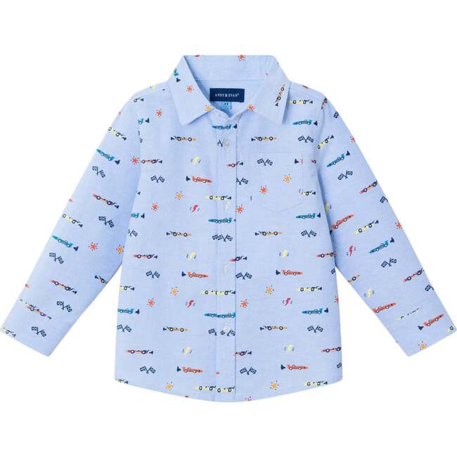 Kids Chambray Buttondown & Cognac Pant Set, Racecars - Mixed Apparel Set - 4