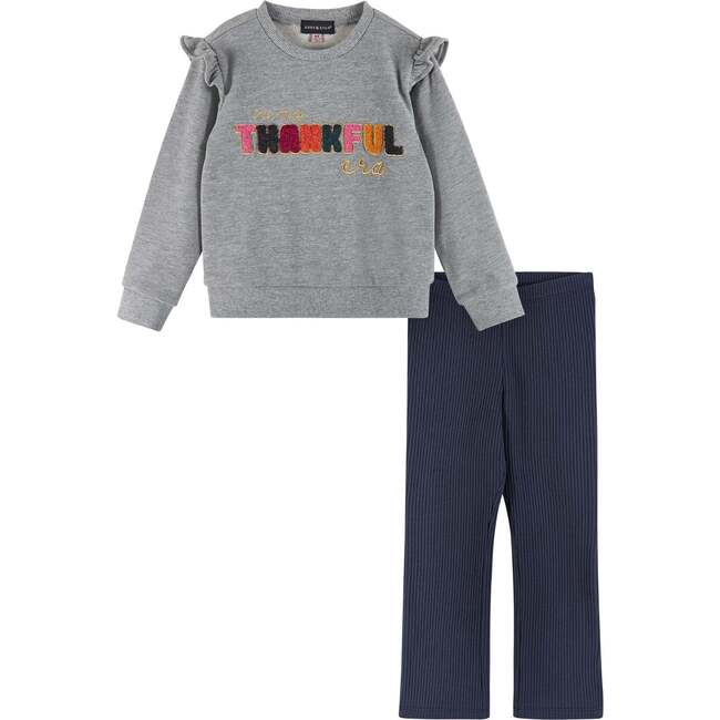 Kids "THANKFUL" Ruffle Crewneck Sweater & Legging Set, Grey and Navy