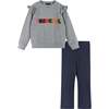 Kids "THANKFUL" Ruffle Crewneck Sweater & Legging Set, Grey and Navy - Mixed Apparel Set - 1 - thumbnail