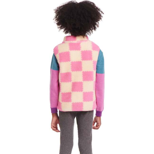 Kids Checkered Faux Fleece Vest, Pink - Vests - 4