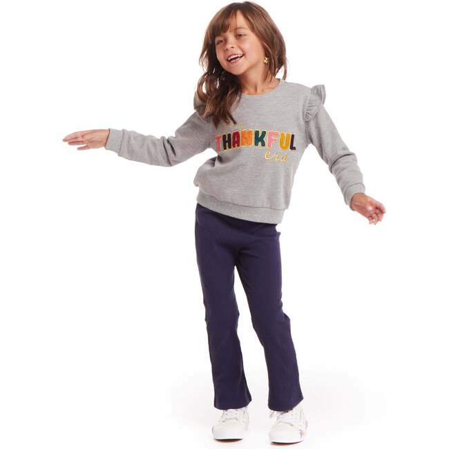 Kids "THANKFUL" Ruffle Crewneck Sweater & Legging Set, Grey and Navy - Mixed Apparel Set - 3