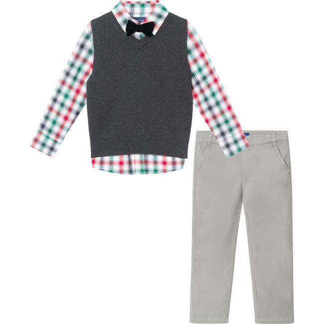 Kids 4-Piece Sweater Vest Set, Charcoal White Plaid