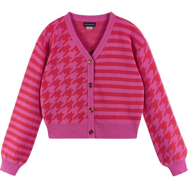 Kids Houndstooth/Stripe Cropped Cardigan, Pink Red