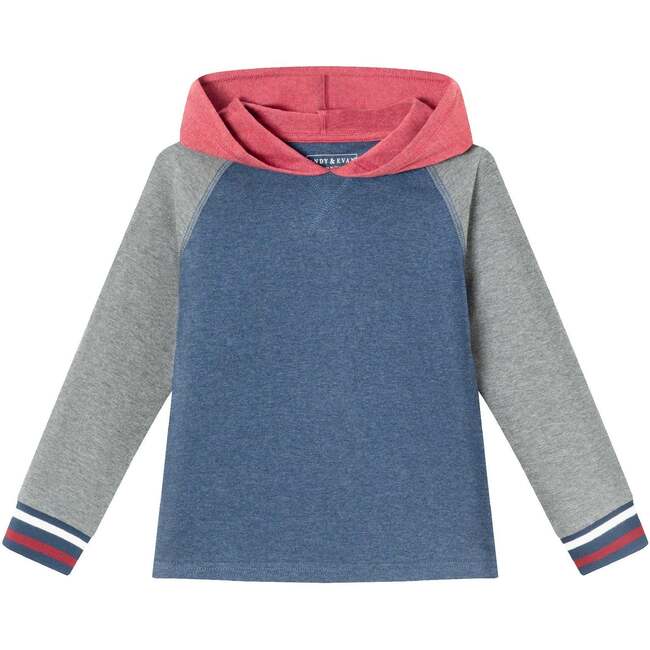 Kids Hooded Colorblocked Jersey Tee, Red Navy & Heater Grey