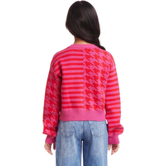 Kids Houndstooth/Stripe Cropped Cardigan, Pink Red - Cardigans - 4