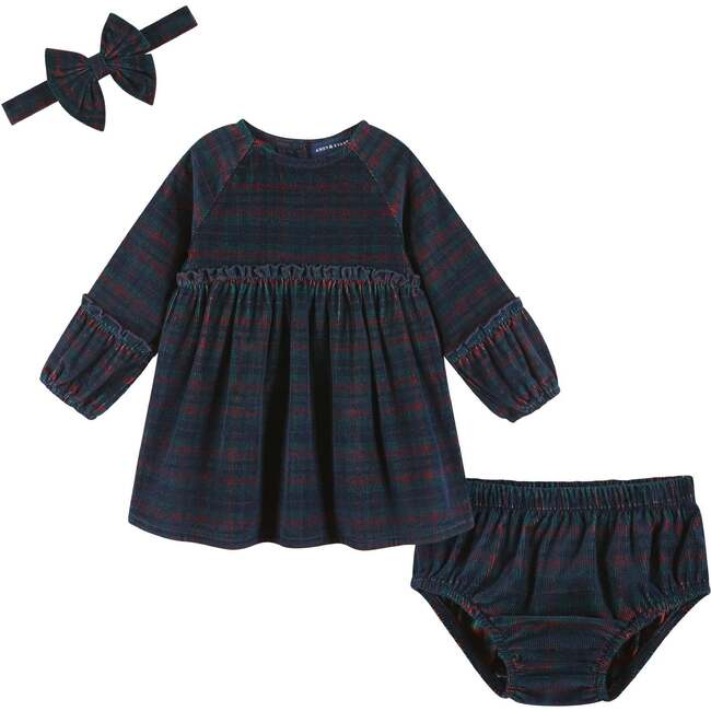 Infant Red Plaid Stretch Cord Ruffle Dress & Bloomer Set