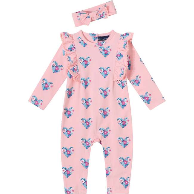 Infant Pink Long Sleeve Romper & Headband Set, Hearts & Flowers