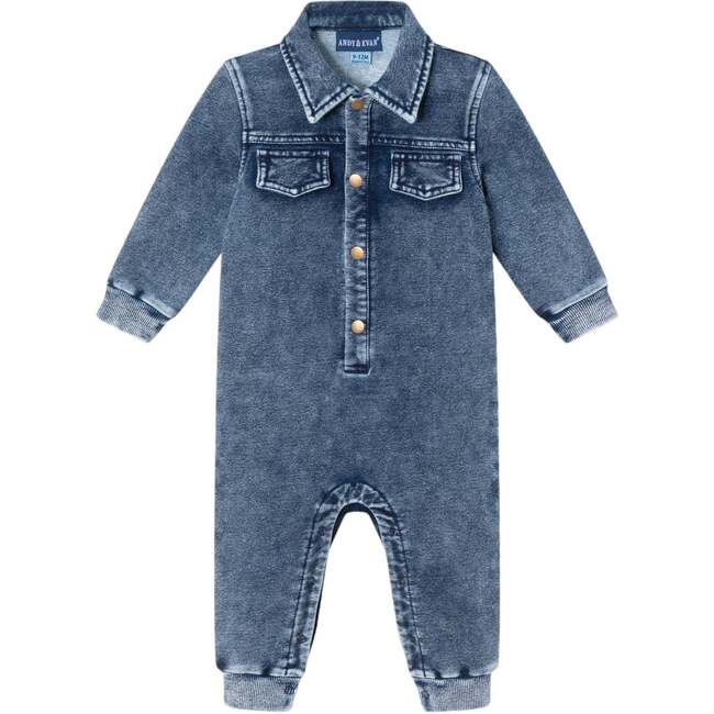 Infant Knit Shirt Romper, Blue Denim