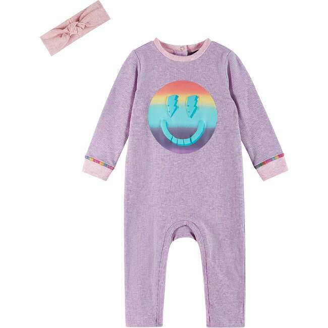 Infant Lavendar Long Sleeve Romper Set, Smiley Graphic