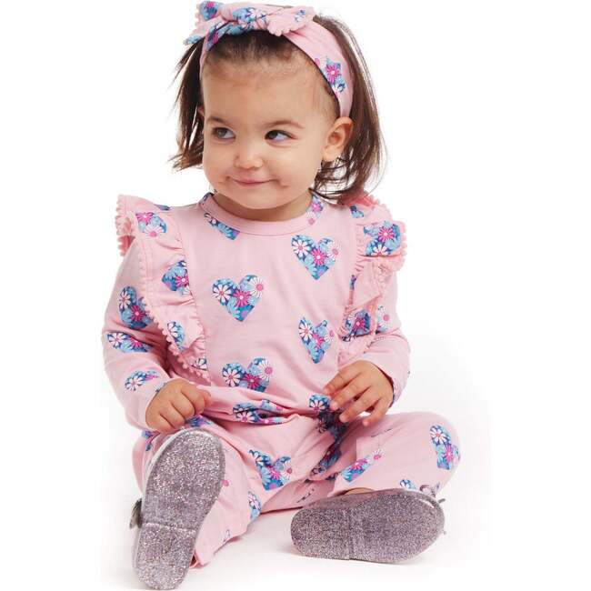 Infant Pink Long Sleeve Romper & Headband Set, Hearts & Flowers - Rompers - 3