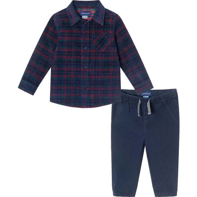 Infant Cord Buttondown & Navy Joggers Set, Red Plaid