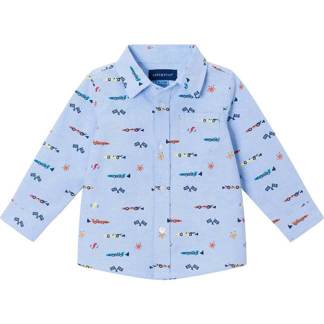 Infant Blue Chambray Buttondown Shirt, Racecars