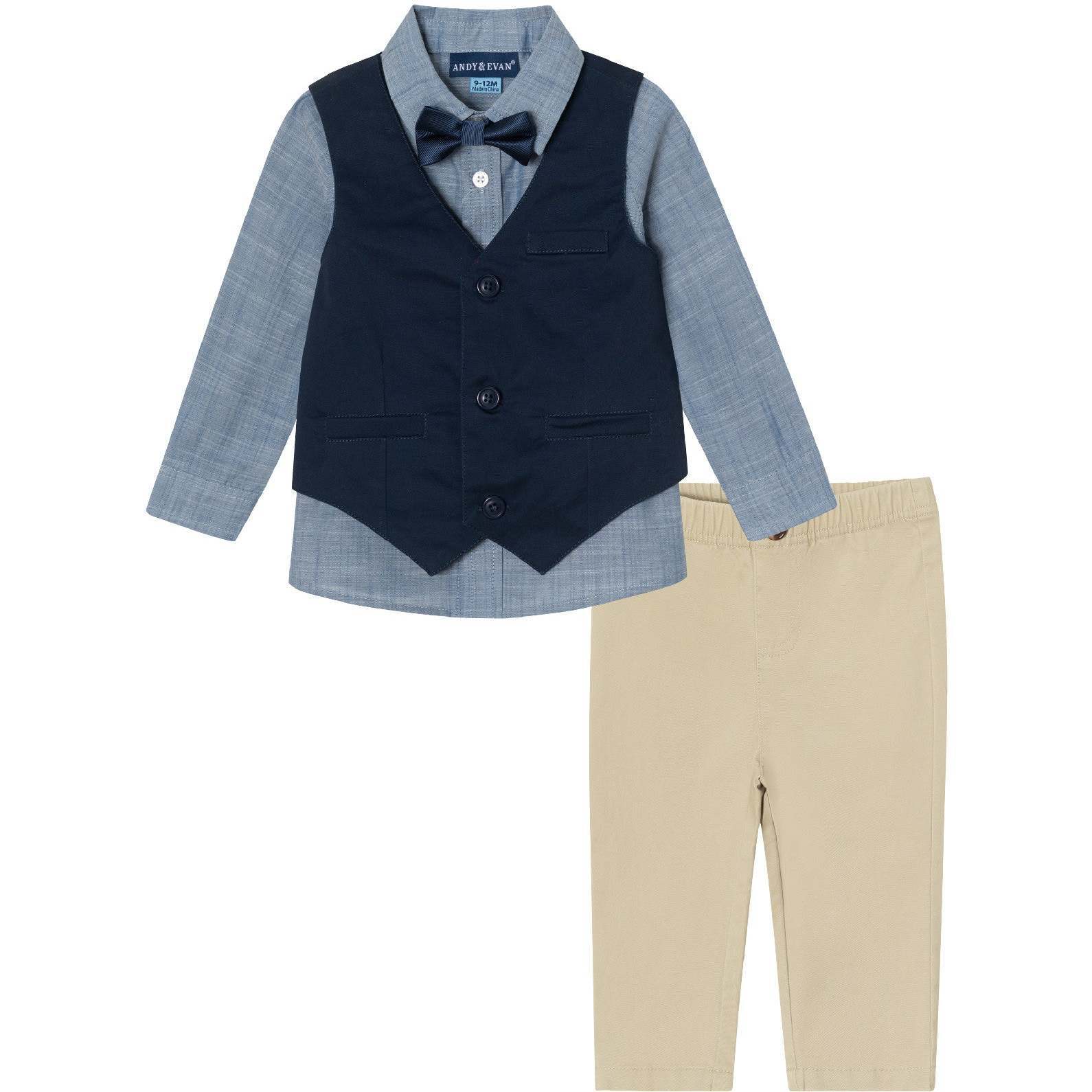 Infant Blue Chambray Buttodown w/ Bowtie, Navy Vest, & Pant Set - Suits & Separates - 1