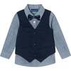 Infant Blue Chambray Buttodown w/ Bowtie, Navy Vest, & Pant Set - Suits & Separates - 6