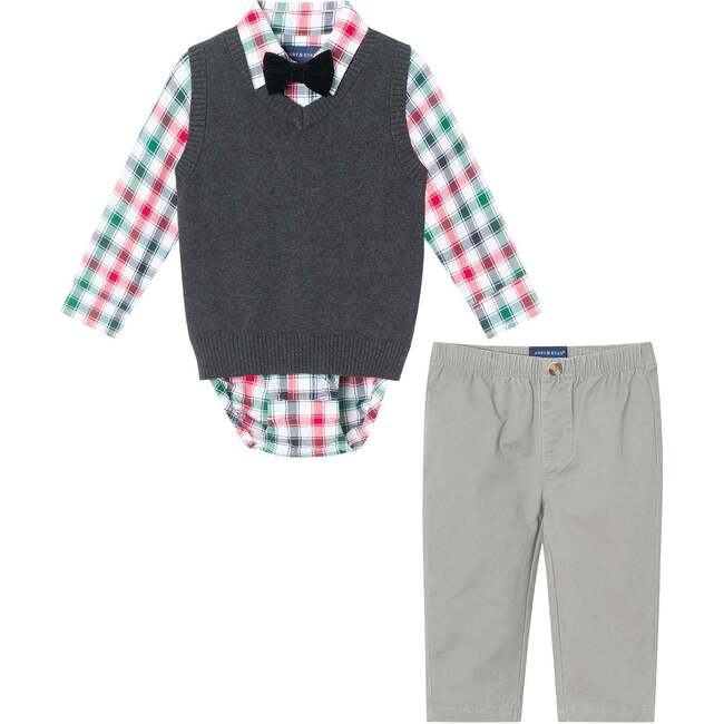 Infant 4-Piece Sweater Vest Set, Charcoal White Plaid - Mixed Apparel Set - 1