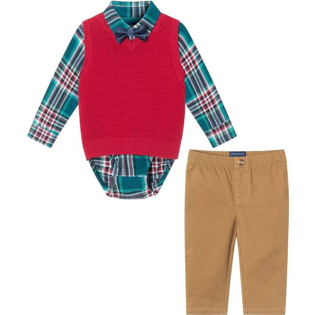 Infant 4-Piece Buttondown & Sweater Vest Set, Checkered Maroon