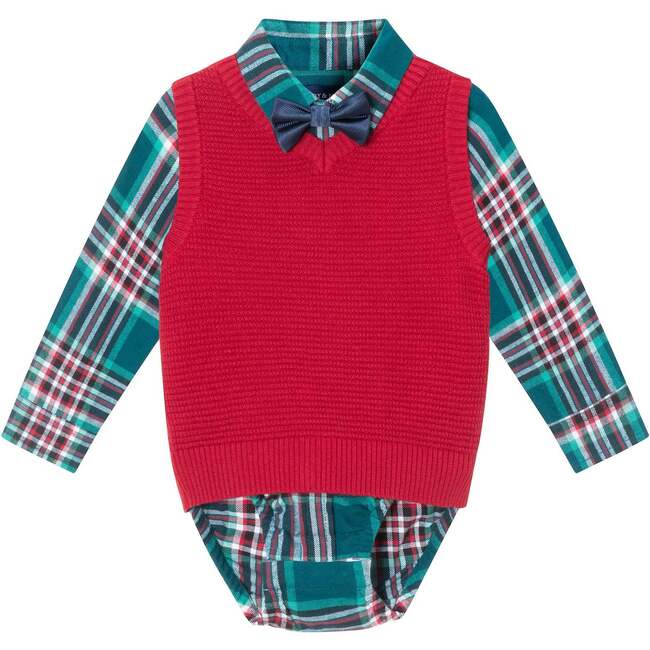 Infant 4-Piece Buttondown & Sweater Vest Set, Checkered Maroon - Mixed Apparel Set - 3