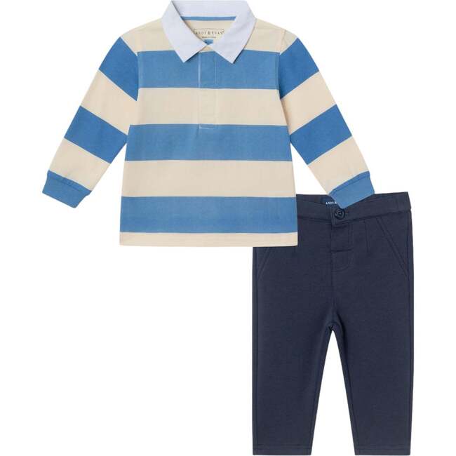 Infant 2-Piece Rugby Shirt & Soft Pique Pant Set, Blue Cream Striped