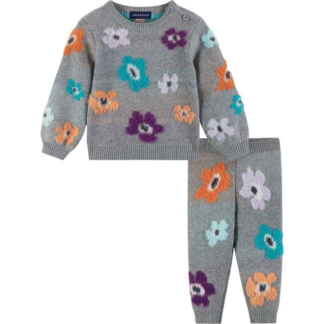 Infant 2-Piece Dove Grey Sweater & Pant Set, Eyelash Flowers