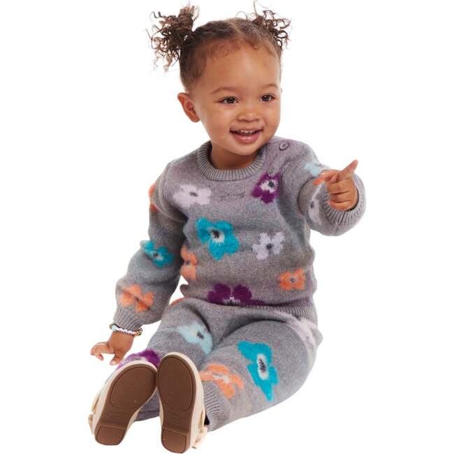 Infant 2-Piece Dove Grey Sweater & Pant Set, Eyelash Flowers - Mixed Apparel Set - 3