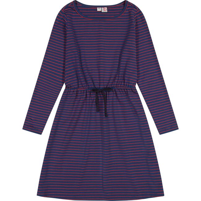 Lila Mini Striped Round Neck Long Sleeve Drawstring Dress, Navy & Red