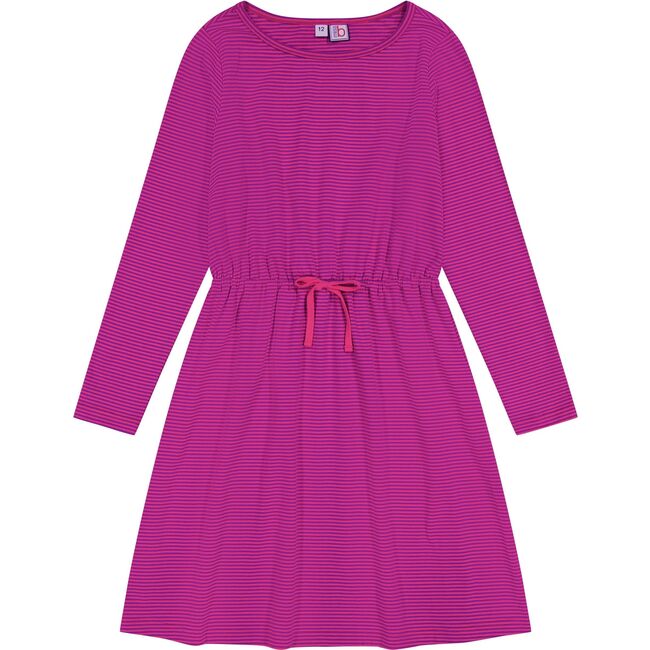 Lila Striped Round Neck Long Sleeve Drawstring Dress, Pink & Magenta