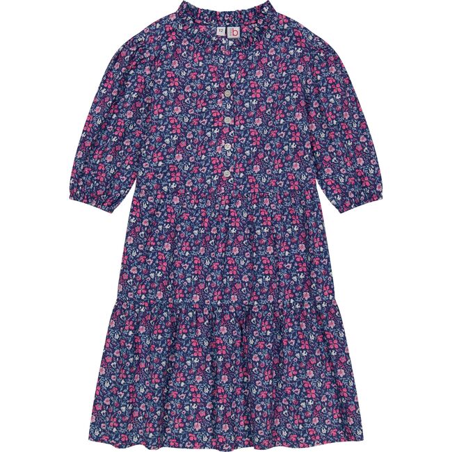 Heather Floral Print Ruffle Sleeve Dropwaist Popover Dress, Pink & Navy