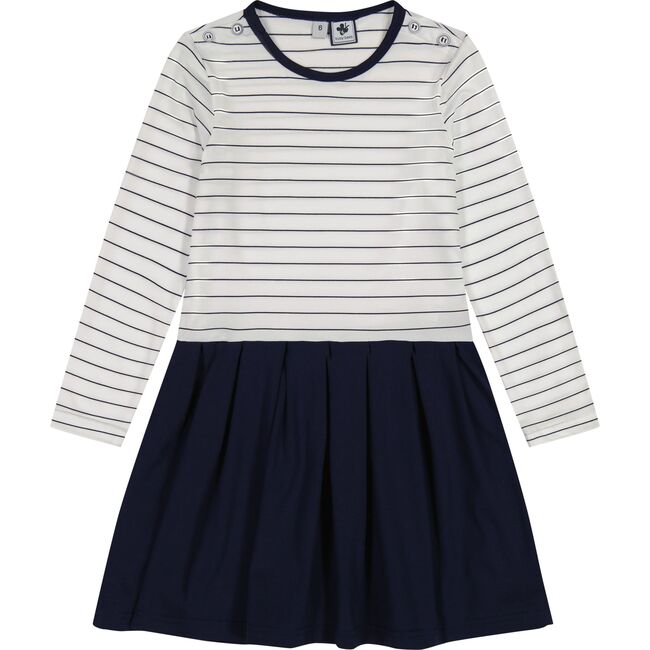 Girls Francesca Mini Striped Bateau Neck Dropwaist Dress, Navy